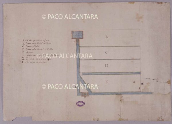 Plano de las tierras que riega la noria de la administración de Doblas (1750).