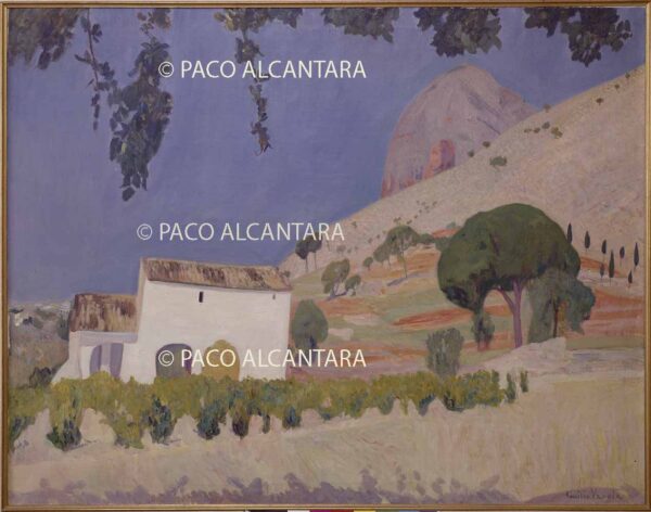 Paisaje con casas y pinos